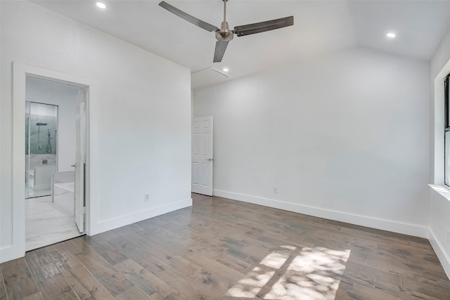 unfurnished room featuring vaulted ceiling, ceiling fan, and hardwood / wood-style floors