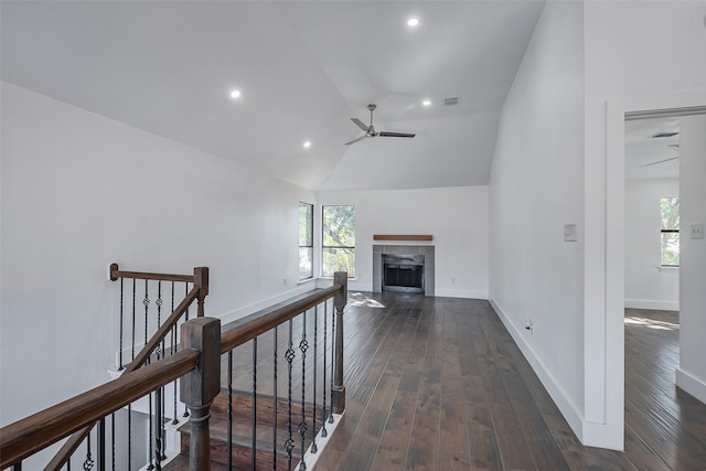 corridor with lofted ceiling, a healthy amount of sunlight, and dark hardwood / wood-style floors