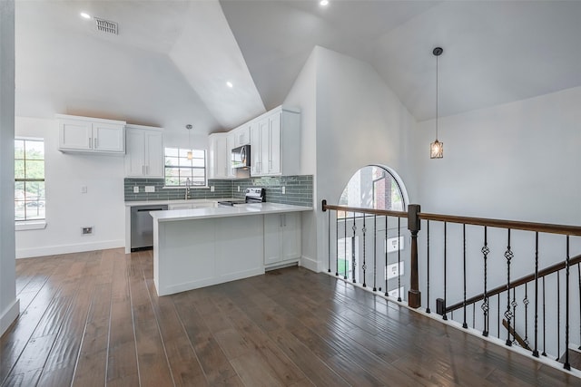 kitchen with dark wood-type flooring, white cabinetry, tasteful backsplash, appliances with stainless steel finishes, and kitchen peninsula