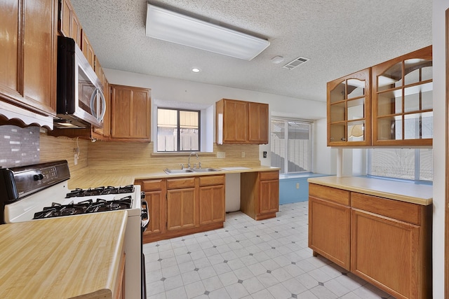 kitchen with gas range, sink, tasteful backsplash, and a textured ceiling