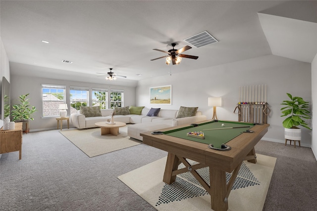 rec room featuring vaulted ceiling, carpet flooring, ceiling fan, and billiards