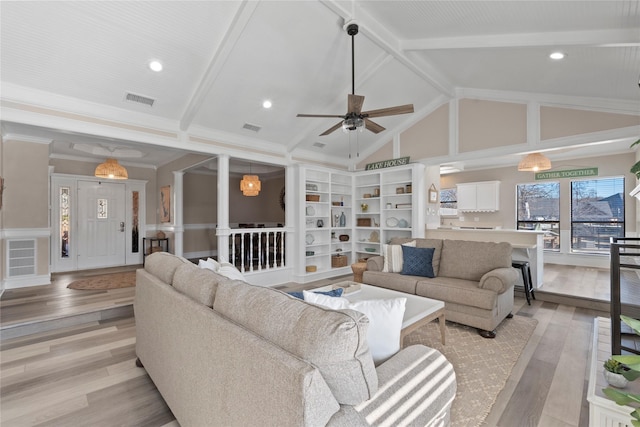 living room with beam ceiling, ceiling fan, high vaulted ceiling, and light wood-type flooring