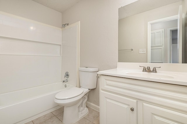 full bathroom featuring tile patterned floors, toilet, a textured ceiling, shower / tub combination, and vanity