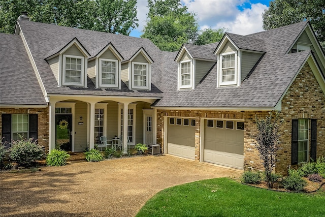 cape cod house featuring a garage and covered porch