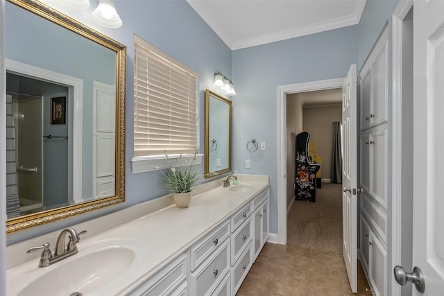 bathroom featuring vanity, crown molding, and tile patterned floors