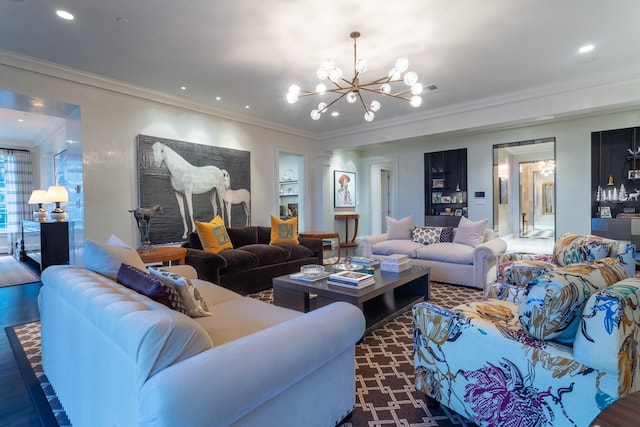 living room with crown molding, dark wood-type flooring, and a chandelier