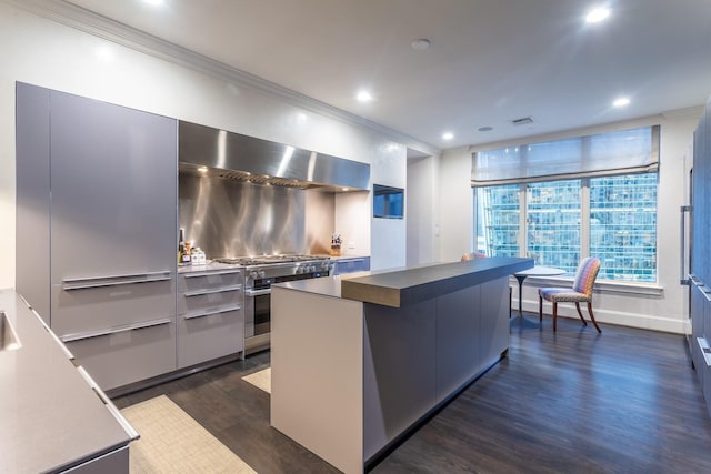 kitchen featuring crown molding, high end stainless steel range oven, dark hardwood / wood-style floors, ventilation hood, and a kitchen island