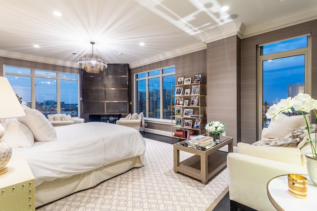 bedroom featuring a notable chandelier and crown molding