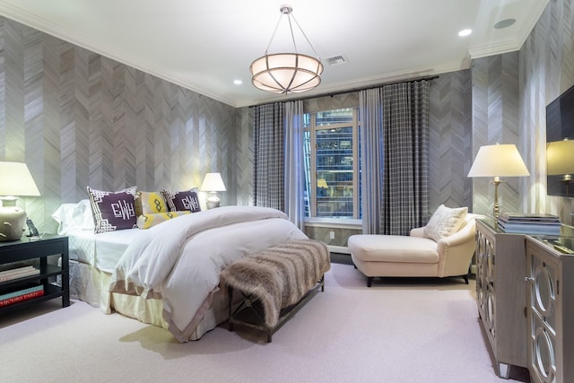 bedroom with crown molding and light carpet