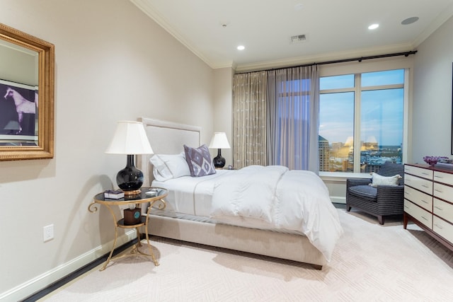 bedroom with hardwood / wood-style flooring and ornamental molding