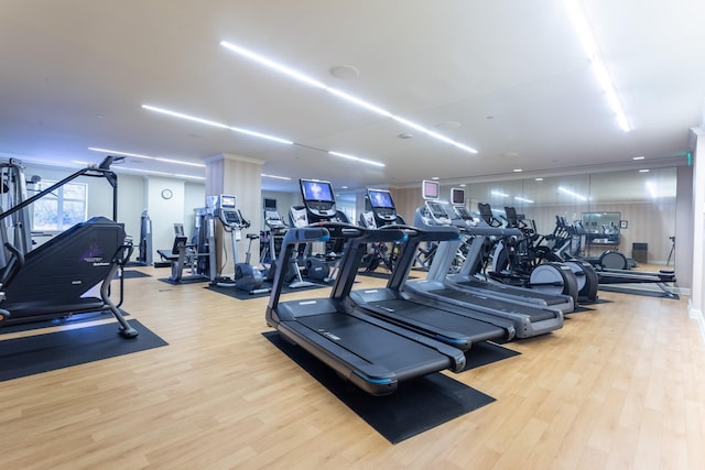 workout area with light hardwood / wood-style flooring