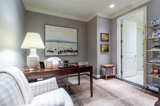 home office with crown molding