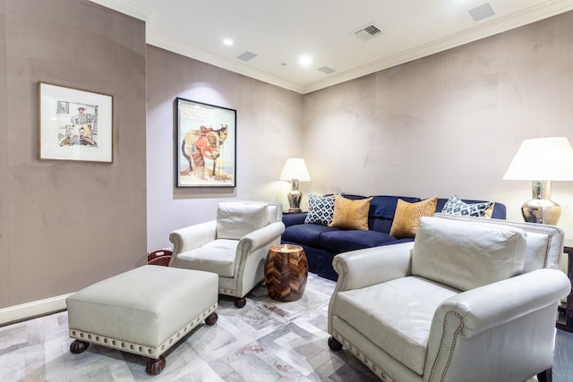 living room featuring crown molding