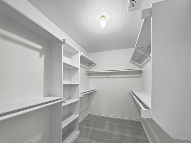 spacious closet featuring dark colored carpet