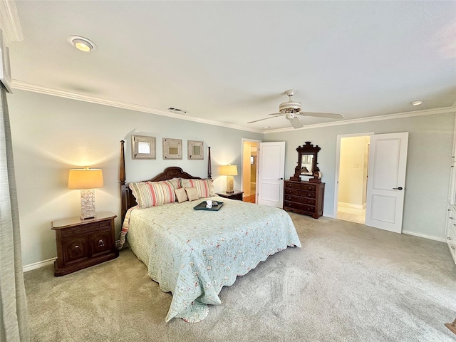 bedroom featuring light carpet, a ceiling fan, baseboards, visible vents, and crown molding