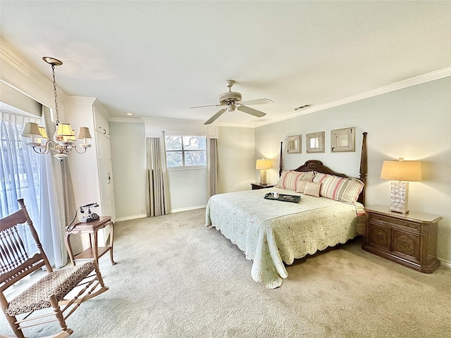 bedroom with light colored carpet, visible vents, ornamental molding, baseboards, and ceiling fan with notable chandelier