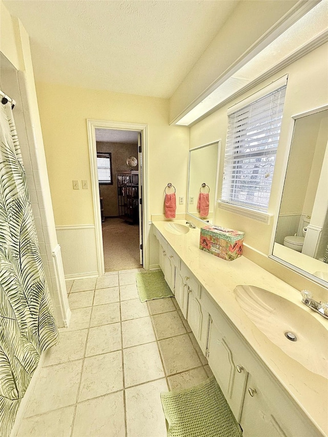 bathroom with toilet, a wealth of natural light, double vanity, and a sink