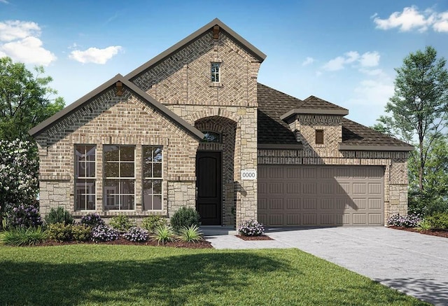 view of front of house with a garage and a front lawn