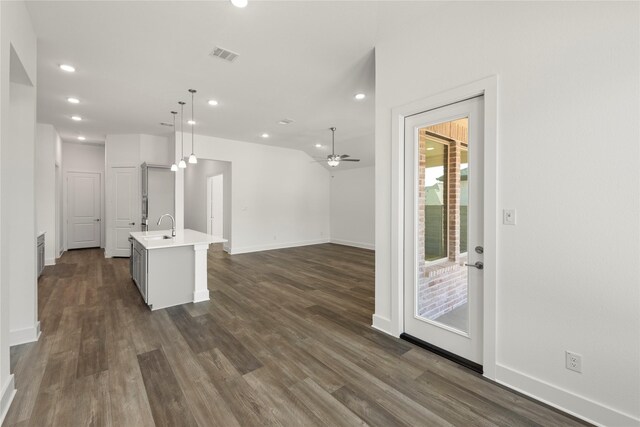 7221 Ladybug, Little Elm, TX 76227 - kitchen with a sink, recessed lighting, ceiling fan, light countertops, and dark wood-style floors