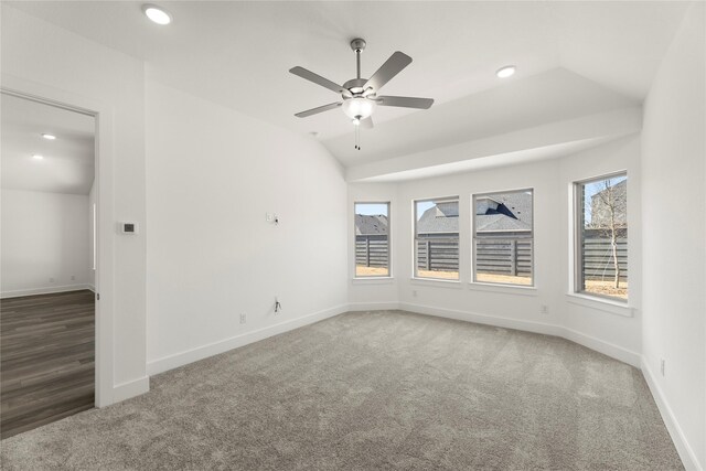 7221 Ladybug, Little Elm, TX 76227 - empty room featuring carpet, a ceiling fan, baseboards, vaulted ceiling, and recessed lighting