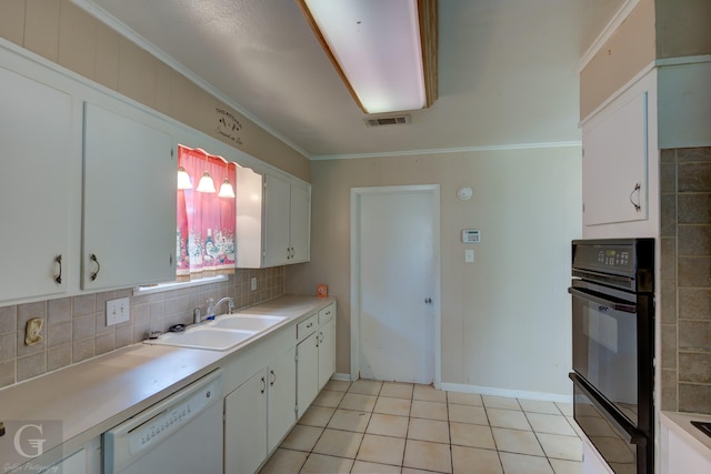 kitchen with sink, dishwasher, tasteful backsplash, ornamental molding, and white cabinets