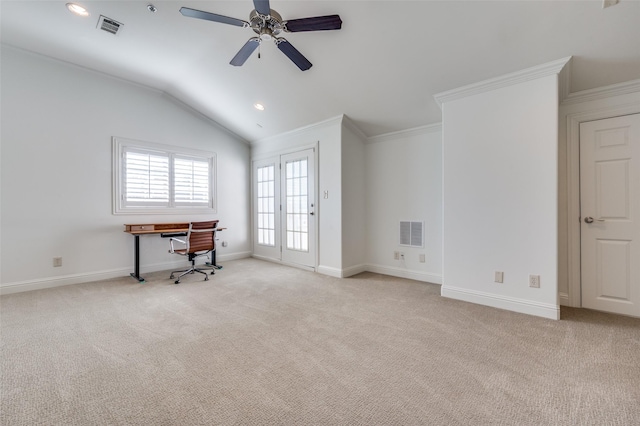 carpeted office with ceiling fan, lofted ceiling, and ornamental molding