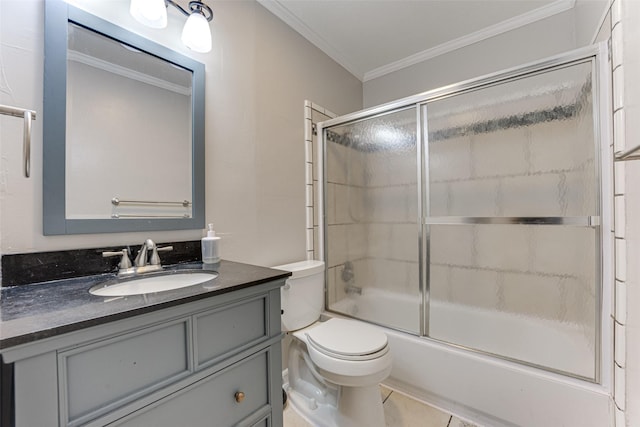 full bathroom with crown molding, enclosed tub / shower combo, vanity, and toilet