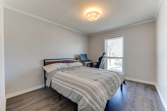 bedroom featuring crown molding and dark wood-type flooring