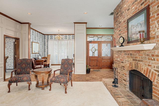 interior space featuring crown molding, light colored carpet, and a brick fireplace