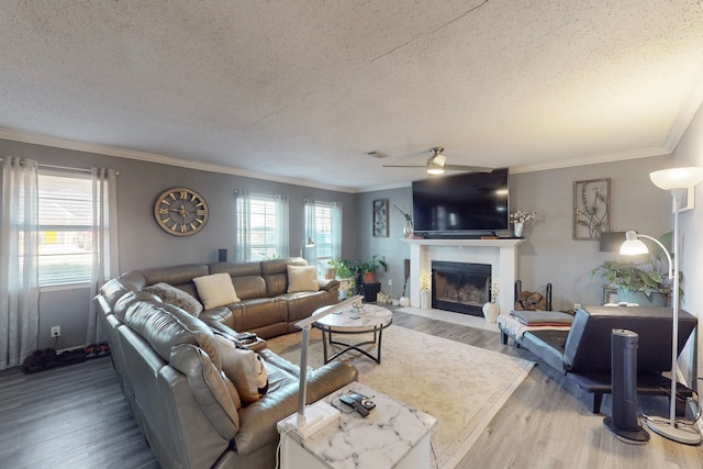 living room featuring ceiling fan, hardwood / wood-style floors, a textured ceiling, and a wealth of natural light