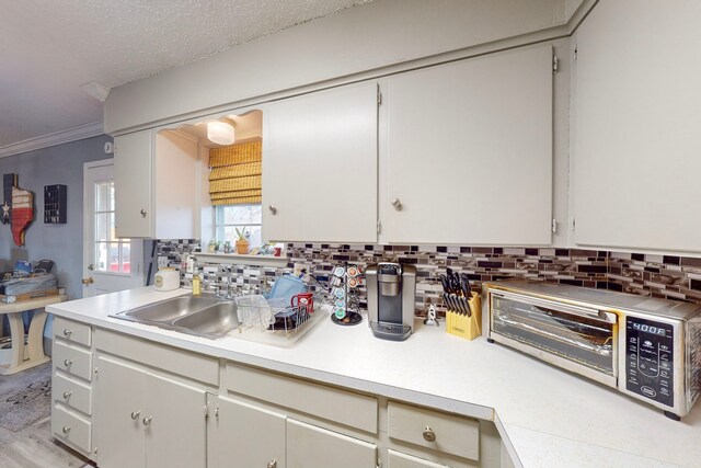 kitchen featuring crown molding, sink, decorative backsplash, and a textured ceiling