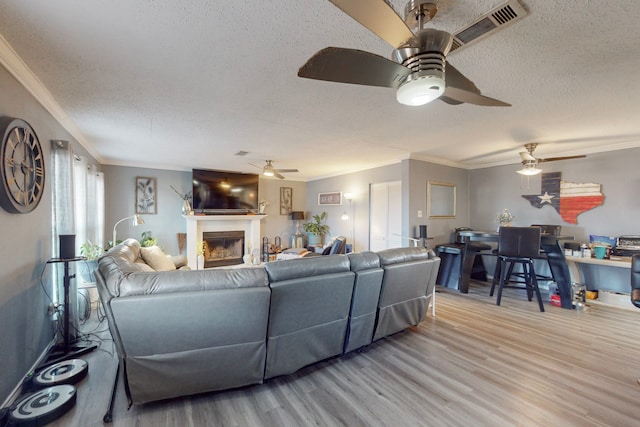 living room featuring ornamental molding, a textured ceiling, and light hardwood / wood-style flooring