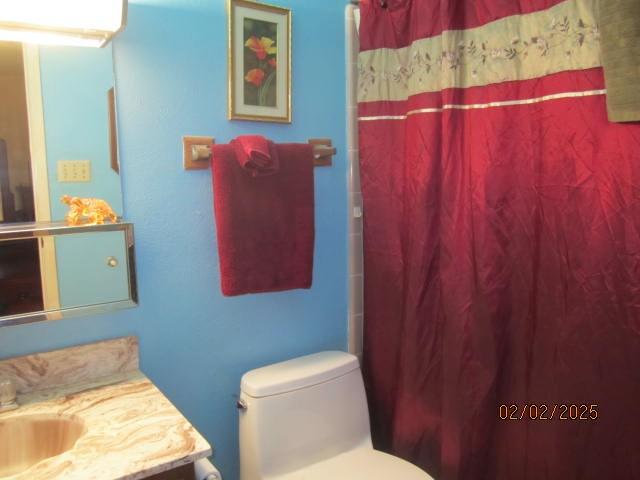 bathroom featuring walk in shower, vanity, and toilet