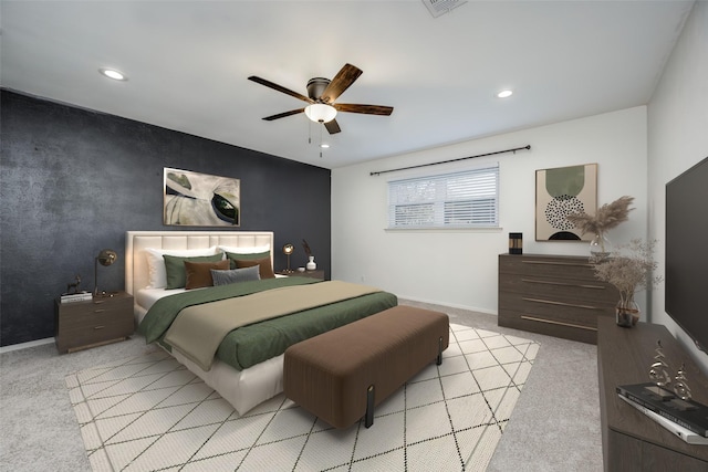 carpeted bedroom with ceiling fan