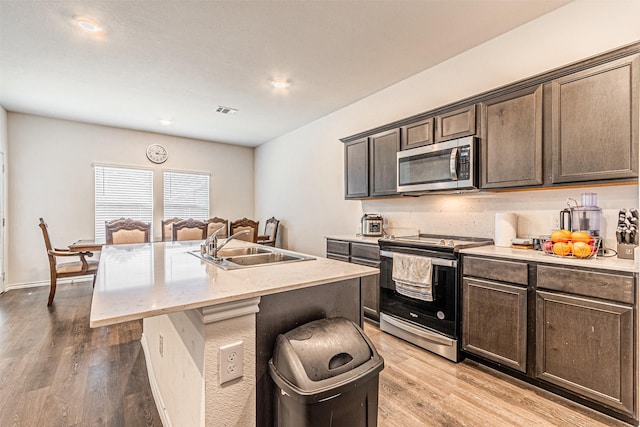 kitchen with light wood-type flooring, dark brown cabinets, an island with sink, and appliances with stainless steel finishes