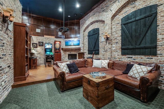 carpeted living room with a fireplace