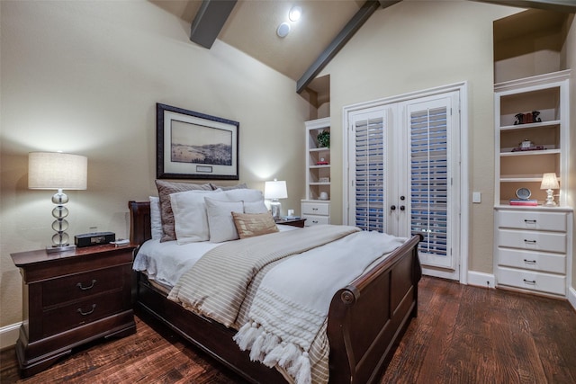 bedroom featuring french doors, dark wood-type flooring, access to outside, and vaulted ceiling with beams