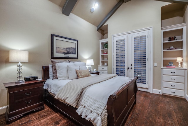 bedroom featuring baseboards, access to exterior, dark wood-style flooring, and vaulted ceiling with beams