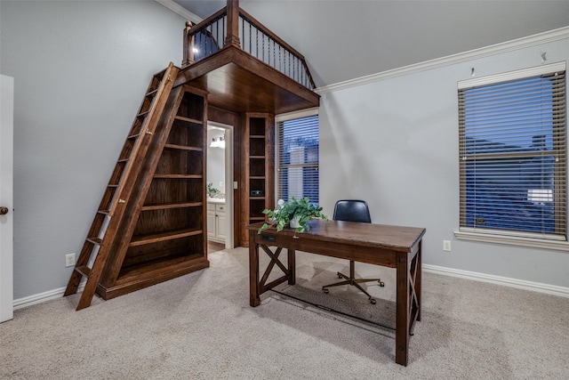 carpeted office with ornamental molding