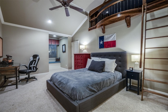 carpeted bedroom featuring recessed lighting, crown molding, baseboards, a ceiling fan, and lofted ceiling