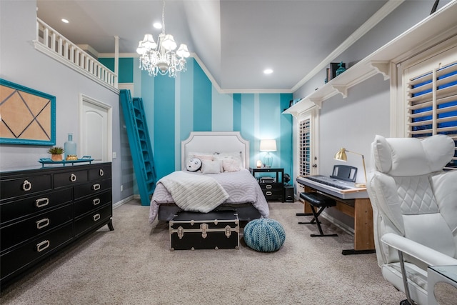 carpeted bedroom featuring crown molding, a high ceiling, and a notable chandelier