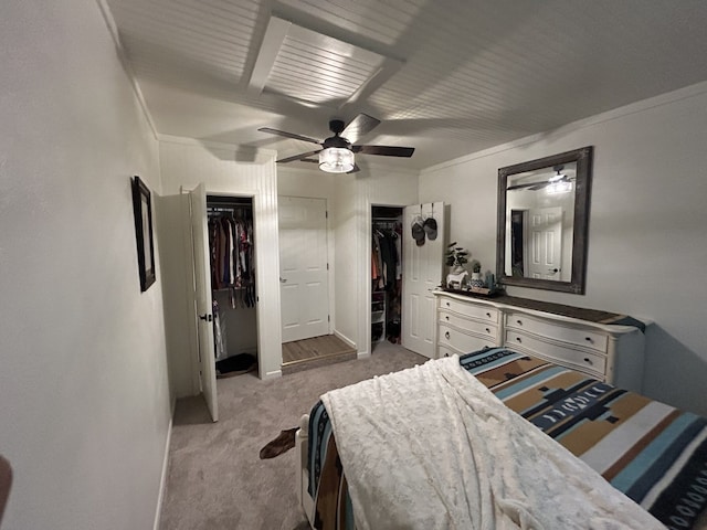 bedroom featuring multiple closets, ceiling fan, and light carpet