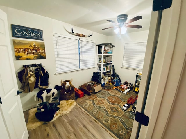 bedroom featuring ceiling fan and wood-type flooring