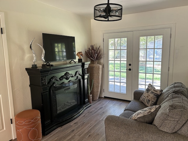 doorway with wood-type flooring, plenty of natural light, and french doors