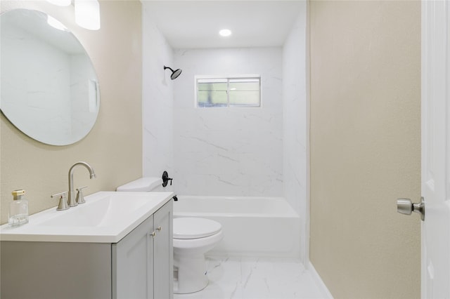 full bathroom with tiled shower / bath combo, vanity, and toilet