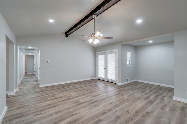 unfurnished living room with vaulted ceiling with beams, light hardwood / wood-style flooring, french doors, and ceiling fan