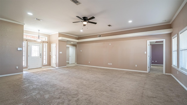 unfurnished living room with light carpet, crown molding, and ceiling fan