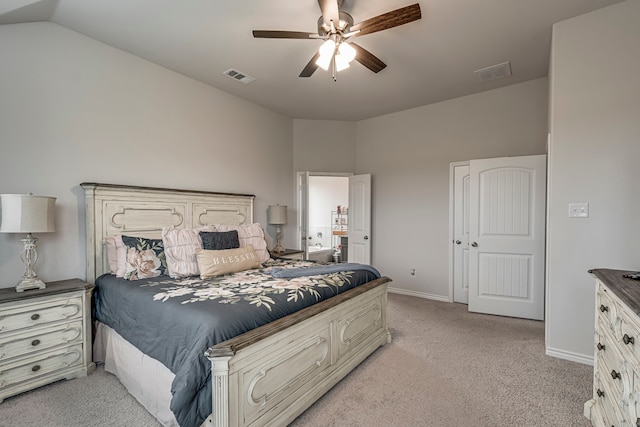 carpeted bedroom with lofted ceiling and ceiling fan