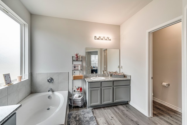 bathroom with vanity, hardwood / wood-style floors, and a tub