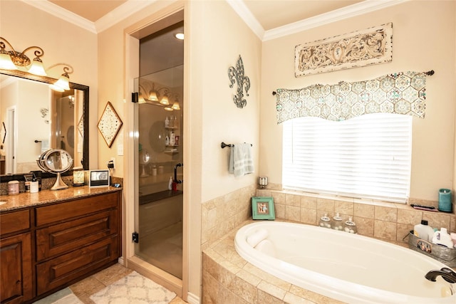 bathroom featuring vanity, ornamental molding, and separate shower and tub